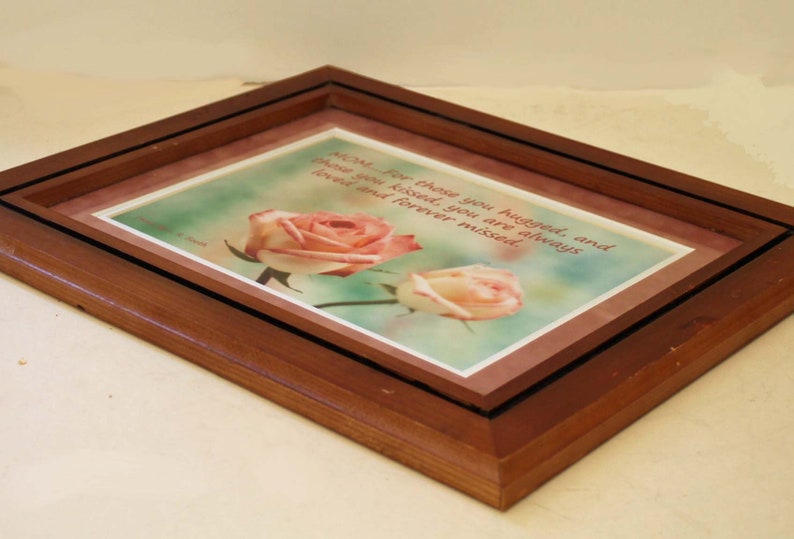 This Beautiful picture is double matted and 11 x 14 framed ready to hang. Eight by ten roses photograph with Mothers memorial Quotation