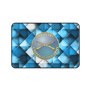 May include: Rectangular mousepad featuring a geometric blue and white pattern. The center displays a circular emblem with the words "INFANTRY UNITED STATES ARMY" surrounding crossed rifles in gold.