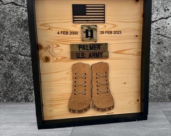 Military Retirement Gift - Hanging up the Boots with Name tapes, Rank and Optional Add on of Accomplishments