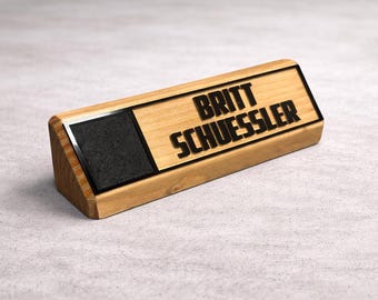 Professional Desk Name Plate Wedge with ONLY 1 Interchangeable pin location on LEFT SIDE - military/civilan inspired desk name plate