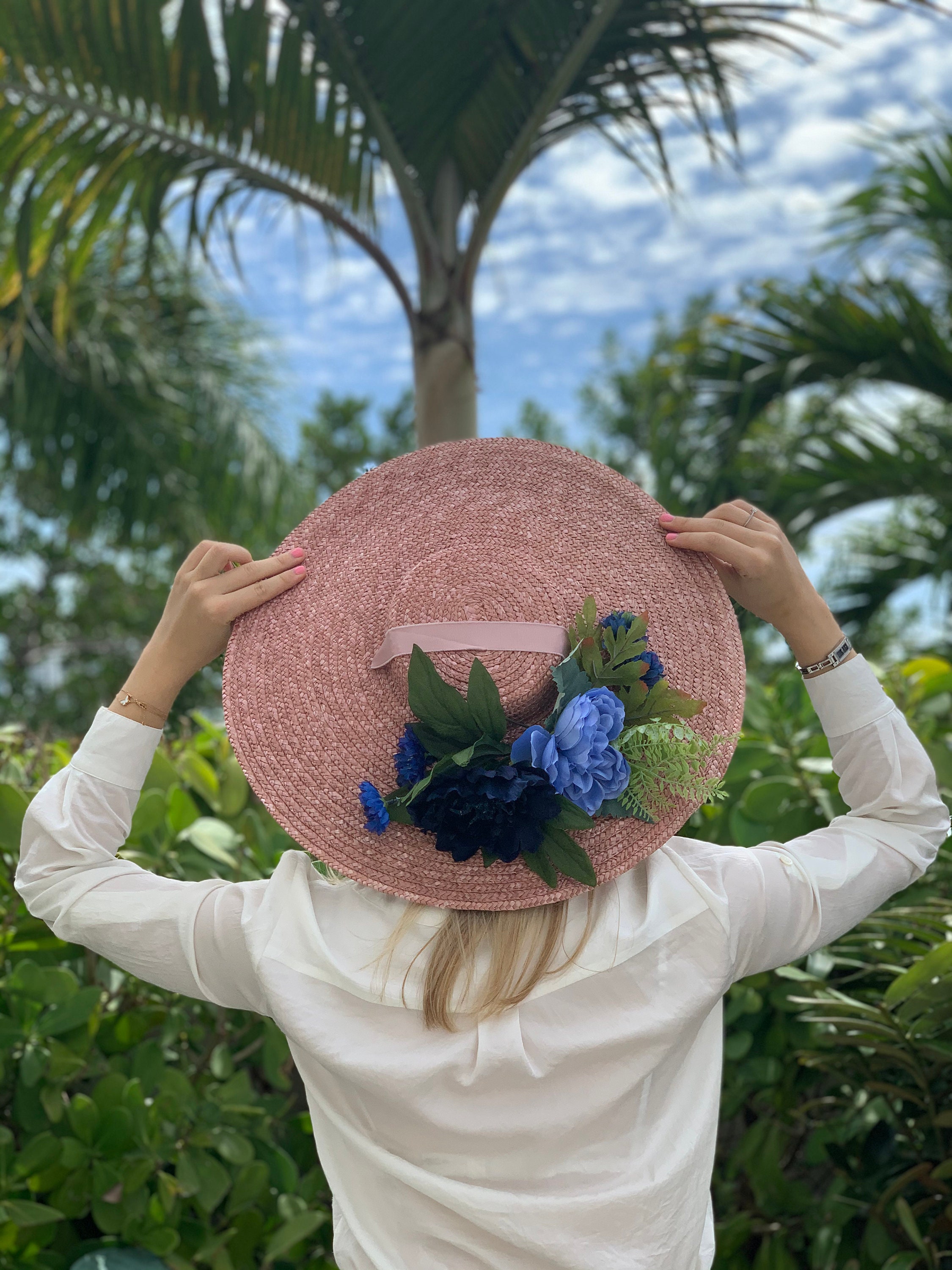 Pink Flat Large Summer Straw Sunhat 