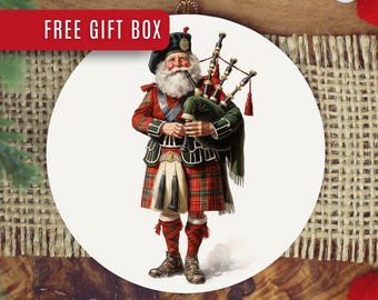 Santa Ornament: Scottish Bagpipes and Tartan (Ceramic Holiday Keepsake)