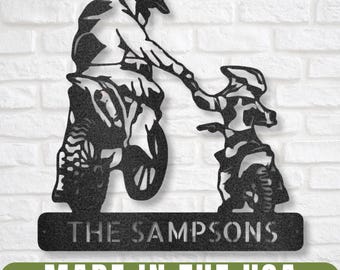 Motocross Metal Wall Sign, Dad and Son Dirt Bikes (Personalized Text)
