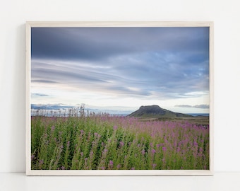 DIGITAL DOWNLOAD: Blue, Pink and Green Iceland Mountainside Landscape, Flowers in the Countryside, Mountain photography, Printable Art