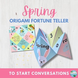 Puede incluir: Un adivinador de origami colorido con un tema primaveral. El adivinador está doblado en forma de pirámide con los números del 1 al 8 en cada lado. El adivinador está decorado con imágenes de un conejito, un nido, una flor, lluvia y una bicicleta. El texto "Primavera" está escrito en el adivinador.