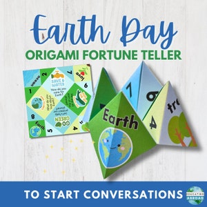 Earth Day origami fortune teller for environmental conversations. Image shows a printed Earth Day activity and folded cootie catcher.