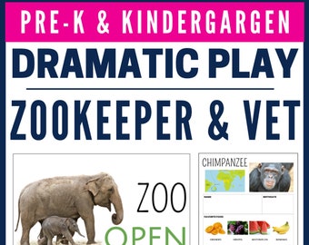 Pode incluir: Um conjunto de recursos educacionais imprimíveis para alunos do jardim de infância e pré-escola. O conjunto inclui uma atividade de jogo dramático de cuidador de zoológico e veterinário, registros de cuidados, informações sobre animais e materiais imprimíveis. A imagem apresenta uma placa que diz "Zoo Aberto" com um elefante e seu filhote ao fundo. A imagem também inclui um cartão de informação imprimível para um chimpanzé.