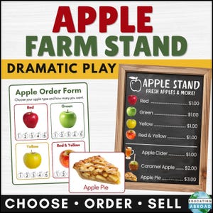 May include: An Apple Farm Stand dramatic play set featuring a white Apple Order Form with red, green, and yellow apple illustrations, and a wooden-framed chalkboard menu listing apple varieties, cider, caramel apples, and apple pie prices.