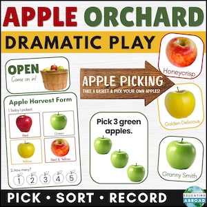 以下が含まれることがあります： Apple Orchard Dramatic Playの教育用セット。Apple Orchard、Apple Picking、Apple Harvest Formなどのテキストが書かれた看板が含まれています。ハニークリスプ、ゴールデンデリシャス、グラニースミスなどの様々なリンゴの品種が示されています。