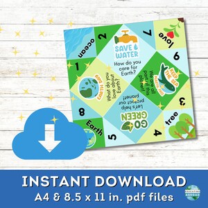 An image of an Earth day-themed conversation fortune teller with an instant download icon. the text reads instant download, A4 and 8.5x11 inch pdf files