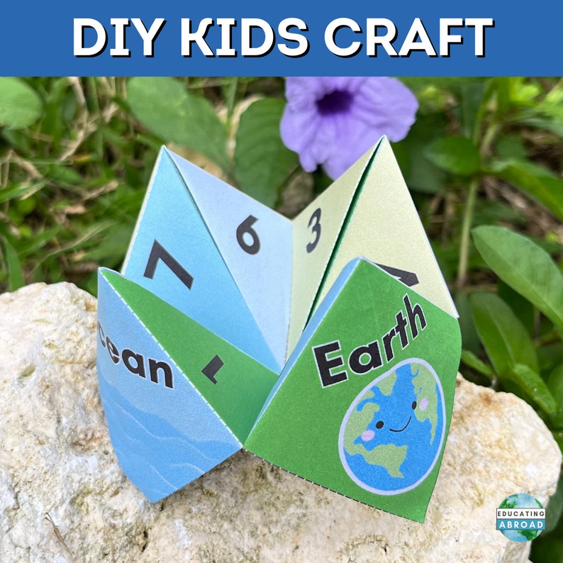 diy kids craft with an image an Earth day themed origami fortune teller that has bright colors and cute cartoons.
