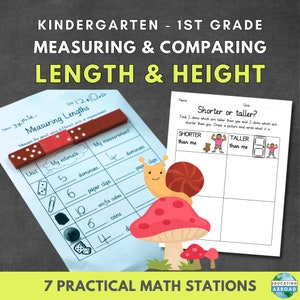 May include: Educational worksheet for kindergarten and 1st grade, teaching measuring and comparing length and height. Includes a measuring lengths chart with dominoes and paper clips, and a "shorter or taller" activity. A cartoon snail sits on a mushroom.