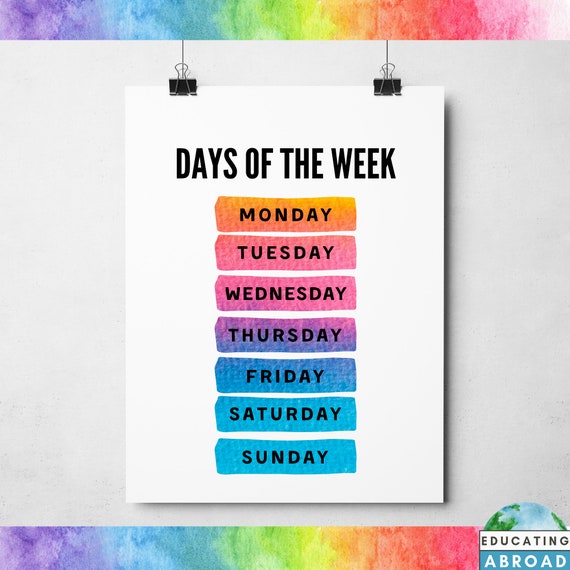 Days of the Week Printable Classroom Decor Nursery Wall Art Etsy