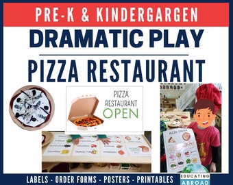 May include: A classroom set up for dramatic play with a pizza restaurant theme.  The set includes a pizza order form, a pizza box, a pizza, and a sign that says "Pizza Restaurant Open".