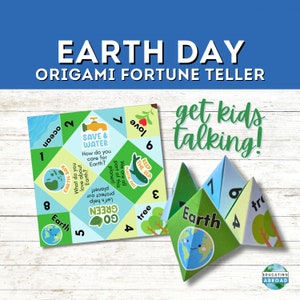 Earth Day origami fortune teller for environmental conversations. Image shows a printed Earth Day activity and folded cootie catcher.