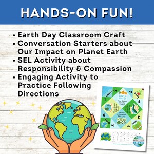 text reads hands-on fun! Earth day classroom craft, conversation starters about our Impact on planet earth, social emotional learning about resonsibility and compassion. following directions activity with an image of the foldable game and earth icon.