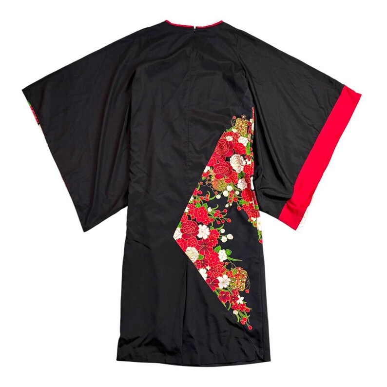 Japanese Kimono Dress Floral Black Red Robe Kaftan Butterfly Print ...