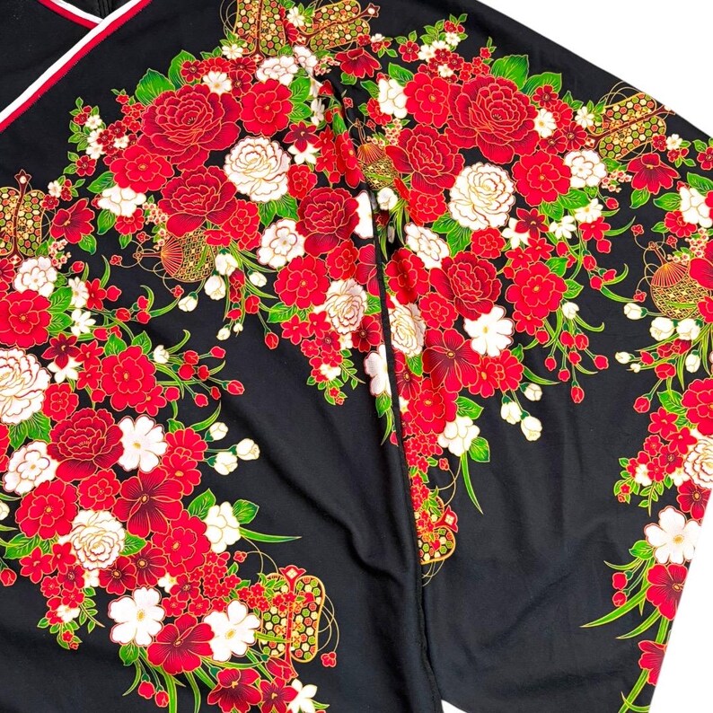 Japanese Kimono Dress Floral Black Red Robe Kaftan Butterfly Print ...