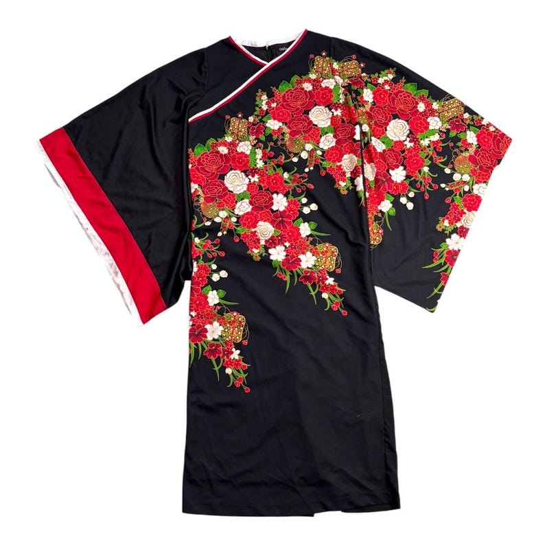 Japanese Kimono Dress Floral Black Red Robe Kaftan Butterfly Print ...