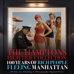 May include: A framed fine art print featuring a beach scene with a beach patrol officer measuring a red swimsuit, accompanied by two individuals in blue and yellow swimsuits. The text reads THE HAMPTONS HIGH TIDE COLLECTION: 100 YEARS OF RICH PEOPLE FLEEING MANHATTAN.