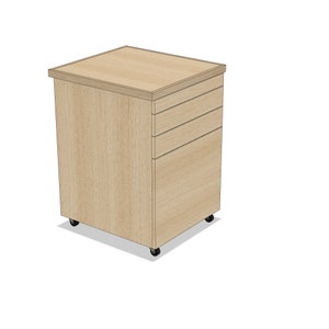 Puede incluir: Un archivador m&oacute;vil de madera clara con cuatro cajones y ruedas. El archivador est&aacute; sobre un fondo blanco.