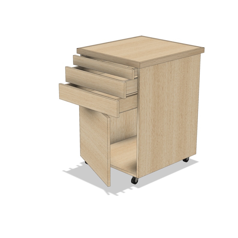Puede incluir: Un armario de madera clara con tres cajones y una puerta. El armario est&aacute; sobre ruedas y tiene una tapa de madera clara.