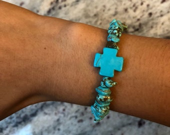 Handcrafted Turquoise Beaded Bracelet Chip Turquoise Bracelet Cross Bracelet