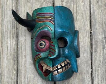 Two demons mask- devil mask- wooden mask- hand carved mask- carved wood art- Mexican wood mask- pastorela mask- decorative wood mask