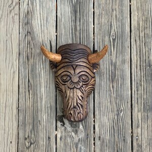 Handcarved cow skull- brown cow skull- wooden cow skull- southwest decoration- farm house decoration-
