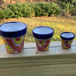 May include: Three colourful ceramic flower pots with blue rims and floral designs. The pots are arranged in descending size order from left to right.