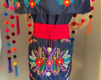 Dress- blue dress- embroidered dress - Mexican dress- floral embroidered- Mexican party