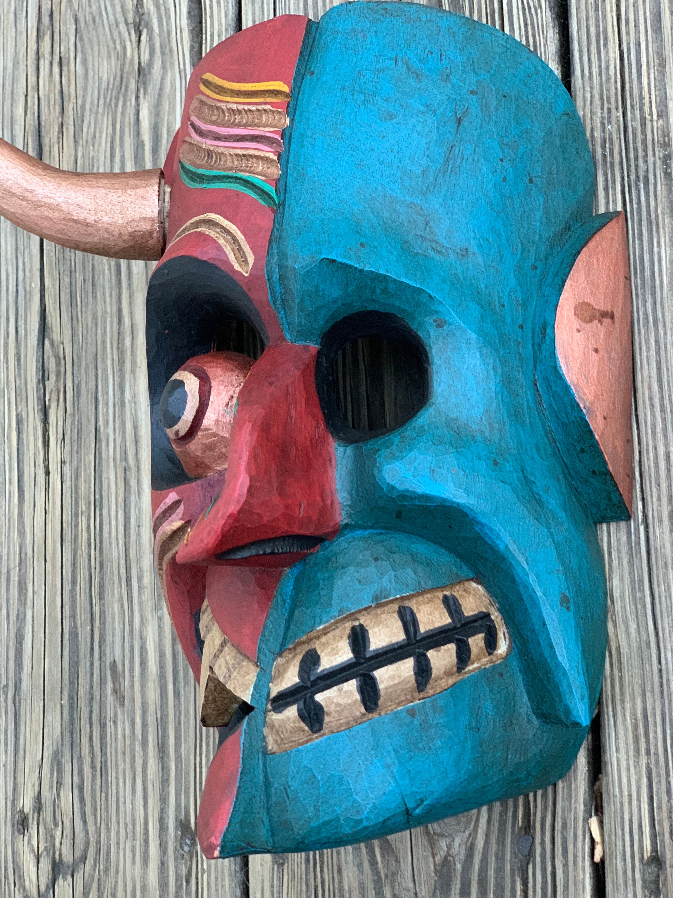 Red & Blue Devil Mask Wooden Mask Devil Mask Demon Mask Etsy