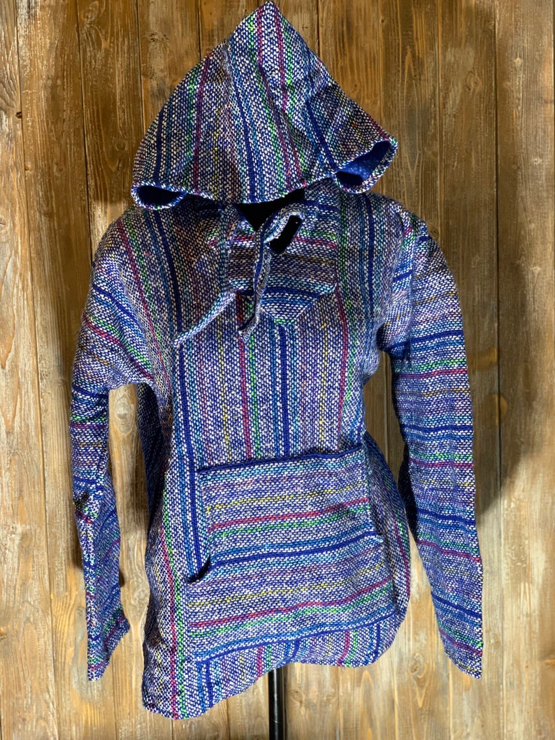 May include: A blue and white striped hooded sweatshirt with a drawstring. The sweatshirt has a pocket on the front and is made of a soft, woven fabric.