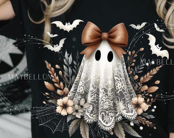 Cute Lace Ghost PNG Instant Digital Download, Lace Ghost Shirt, Lace Ghost with a Bow, Vintage Lace Ghost.