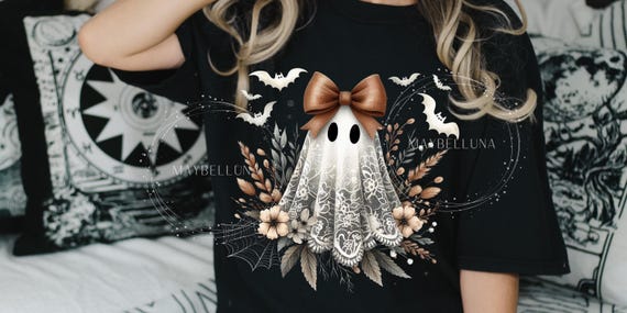 Cute Lace Ghost PNG Instant Digital Download, Lace Ghost Shirt, Lace Ghost with a Bow, Vintage Lace Ghost.