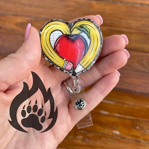 Teacher Pencil Heart Glitter Badge Reel: Teacher Appreciation Gift
