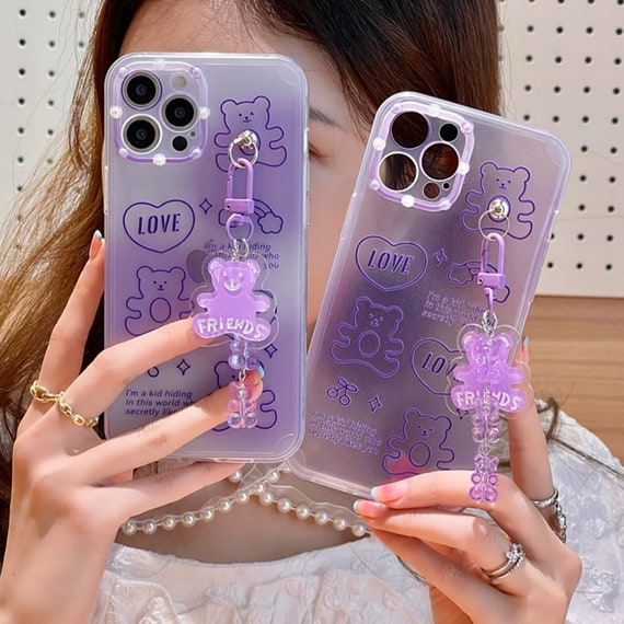 Korean Iphone Case Cute Purple Iphone Case With Bear Pendant Etsy Ireland