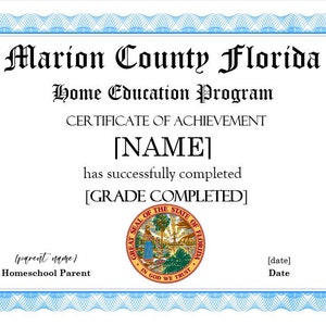 Homeschool Grade Completed Certificate- Editable