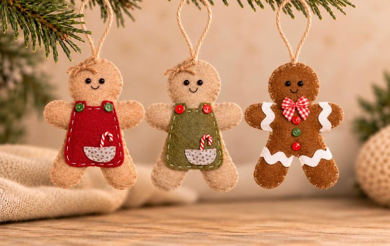 May include: Three felt gingerbread person ornaments hanging by twine loops. Two figures wear red and green aprons with small candy cane pockets. The third figure is brown with white icing trim, a red and white checkered bow, and red buttons.