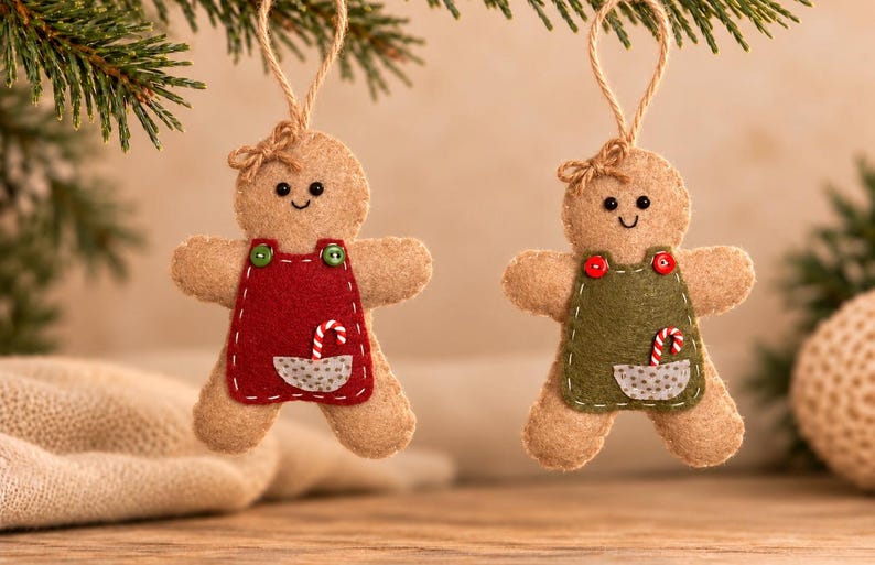 May include: Two felt gingerbread person ornaments hanging by twine loops. One wears a red apron with green buttons and a pocket containing a candy cane, the other wears a green apron with red buttons and a pocket containing a candy cane.