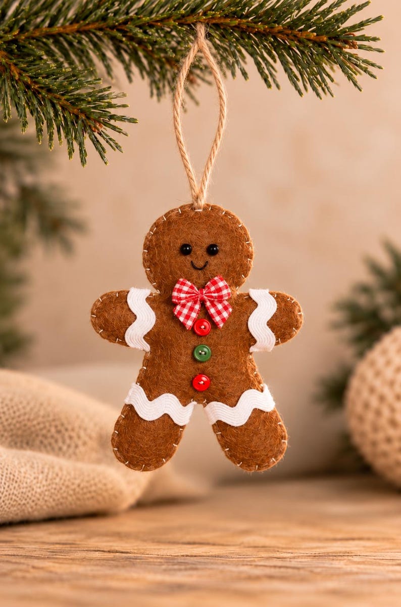 May include: A brown felt gingerbread man ornament featuring white rickrack trim on the arms and legs, a red and white checkered bow tie, and two small buttons in red and green. The figure has black bead eyes and a stitched smile.