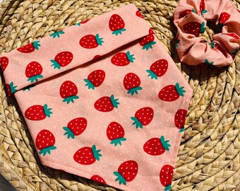 Strawberry Tie On Dog Bandana and Matching Scrunchie