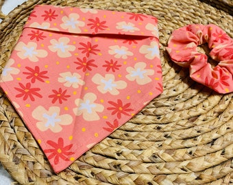 Peach Floral Tie On Dog Bandana and Matching Scrunchie