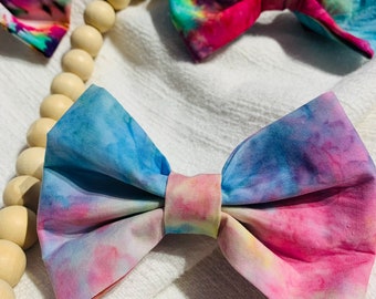 Pastel Tie Dye Dog Bow with Matching Scrunchie// Dog Bowtie with Velcro Straps