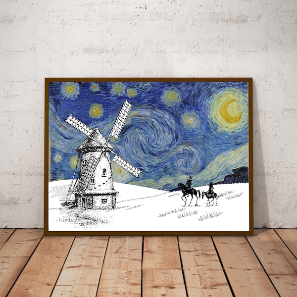 Don Quixote in a Starry Night Poster, Van gogh Don quixote Print, Canvas print or Framed Poster, Wall art Print,  Home Decor poster, Vintage