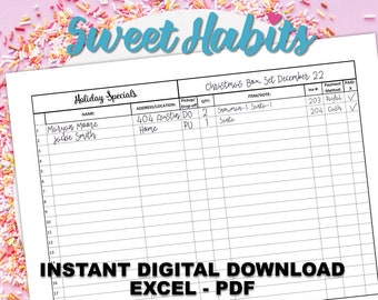 May include: A black and white printable form with the title "Holiday Specials" and "Christmas Box Set December 22". The form has columns for name, address, location, pickup/drop-off, quantity, item/note, unit price, payment method, and paid. The form has a few entries filled in, including "Maryan Maare", "404 Austin Do", "2", "Snowman-1 Santa-1", "203 Paykel", and "204 Cash". The form also has the text "INSTANT DIGITAL DOWNLOAD EXCEL-PDF" at the bottom.