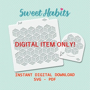 May include: Two white stencils with a geometric cube pattern. The stencils are labeled "S-H" and the text "DIGITAL ITEM ONLY!" and "INSTANT DIGITAL DOWNLOAD SVG - PDF" is also visible. The background is a light blue with white polka dots.