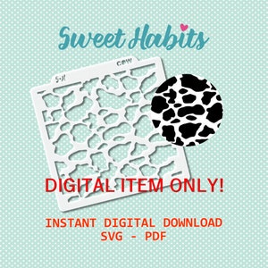 Può includere: Uno stencil digitale scaricabile bianco per creare un design a stampa di mucca. Lo stencil è etichettato "COW" e "S-H" e include il testo "DIGITAL ITEM ONLY! INSTANT DIGITAL DOWNLOAD SVG - PDF".