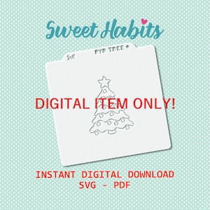 Op de afbeelding: Digitale download van een kerstboom SVG- en PDF-bestand. De afbeelding toont een eenvoudige omtrek van een kerstboom met ornamenten en een ster bovenop. De tekst "DIGITAL ITEM ONLY!" is in rode letters geschreven.