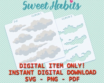 Moln med skuggschabloner - SVG digital klippfil utskrivbar PDF